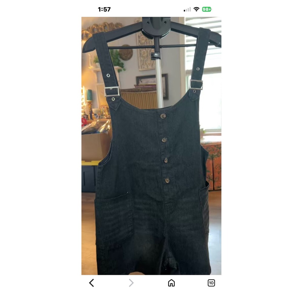 Womens Black Denim Overall Shorts Button Front Adjustable Straps Size XL